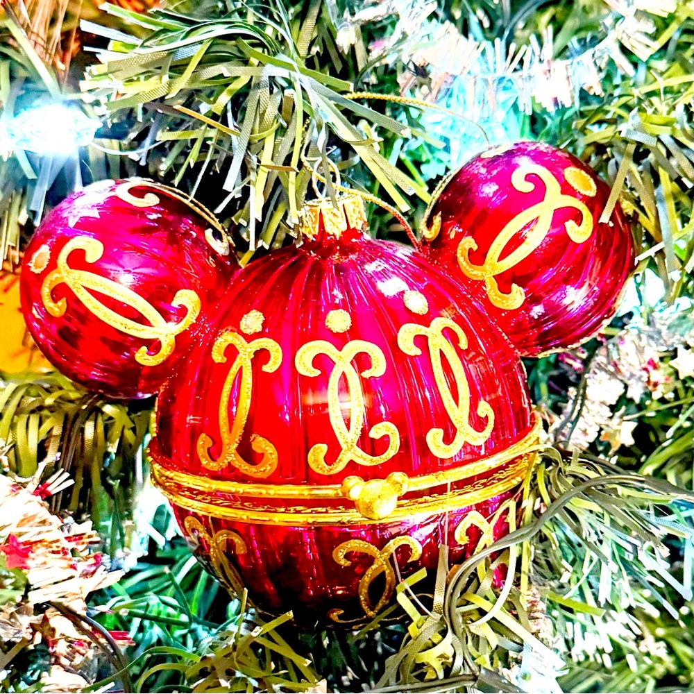 Vintage Disney Mickey Mouse ears, Ruby, red hinged glass Christmas ornament
